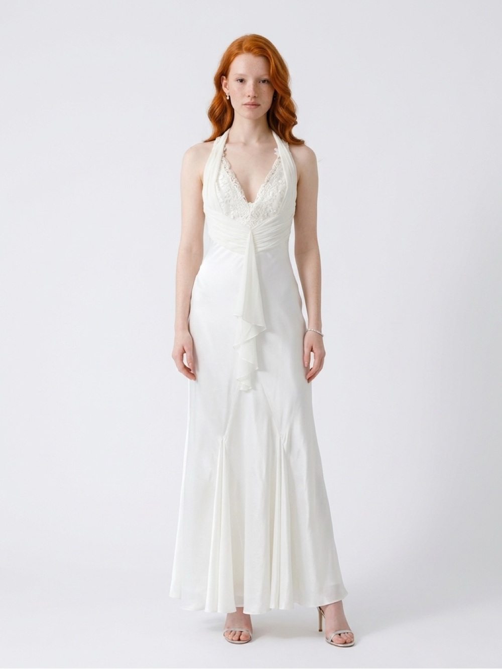 Mary L Couture Ivory Halter Lace-Accent Wedding Gown. Preloved